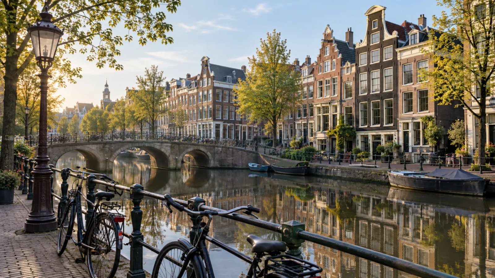 Amsterdamer Gracht mit Giebelhäusern, Brücke und Fahrrädern