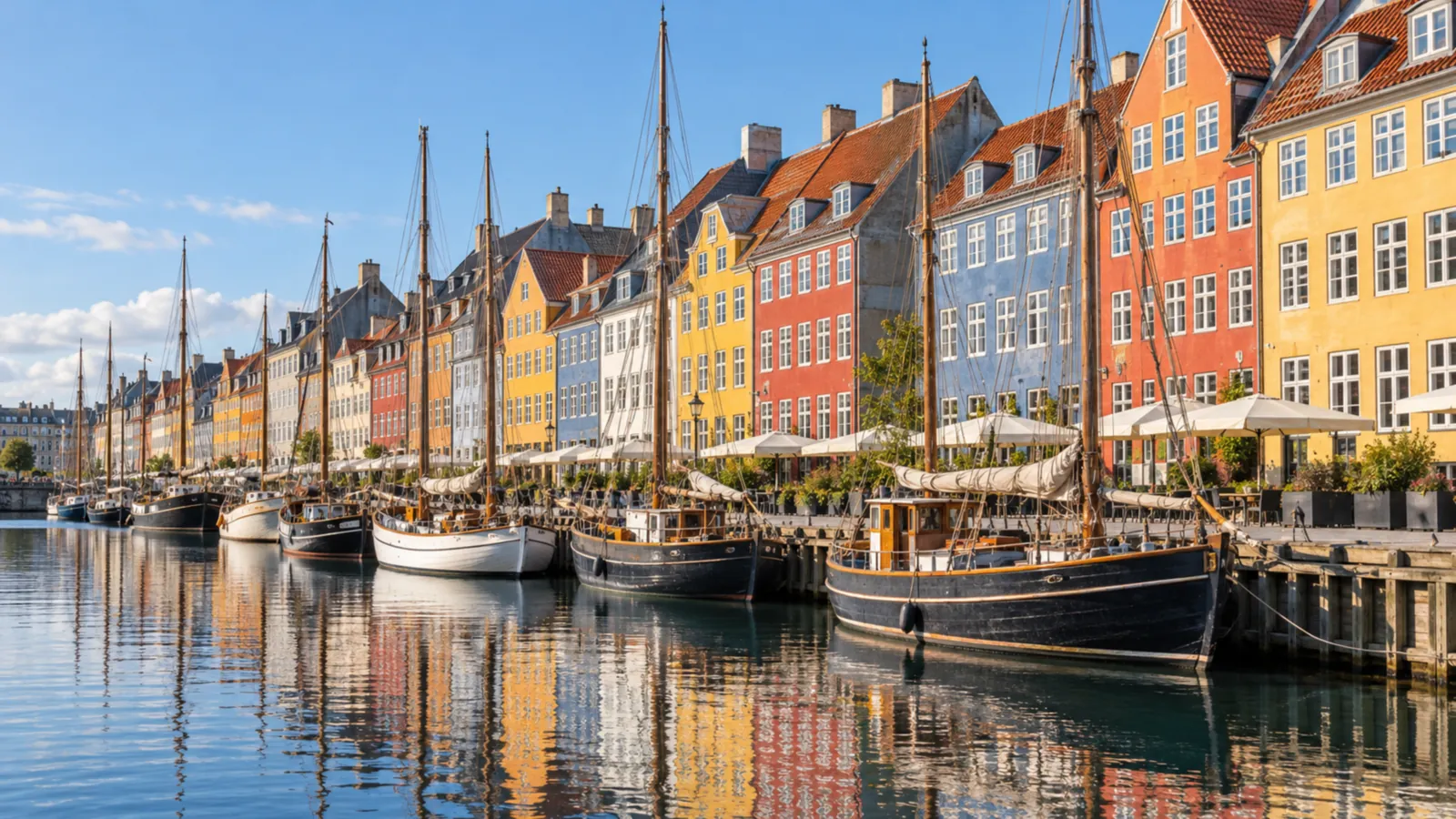 Bunte Häuser und Segelboote am Nyhavn in Kopenhagen