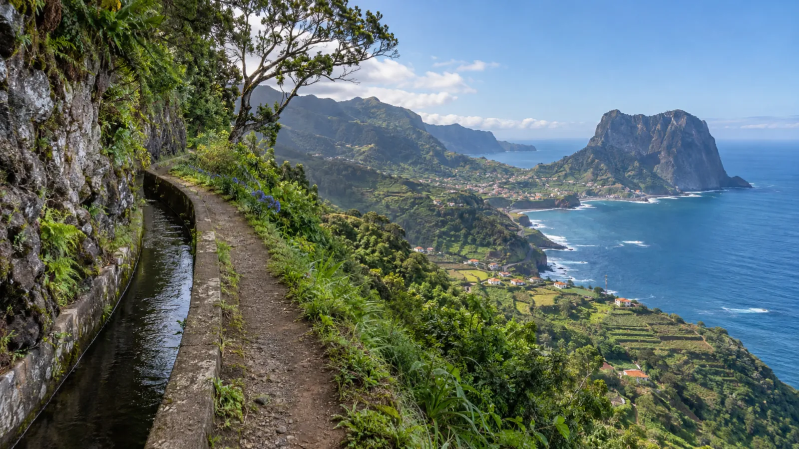 Levada-Wanderweg an grünen Berghängen Madeiras über dem Atlantik