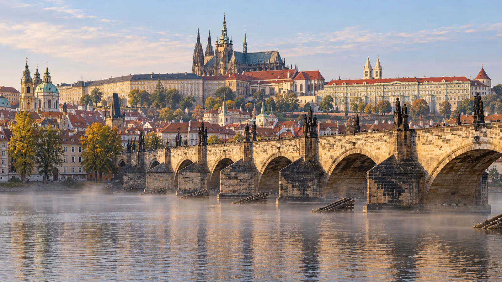 Karlsbrücke über der Moldau und Prager Burg im Morgenlicht
